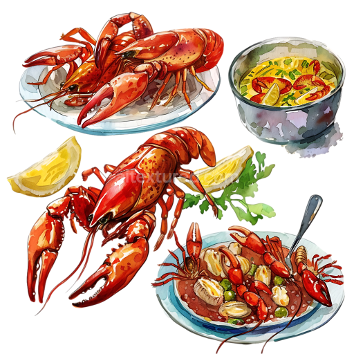 Breakfast Crawfish and Seafood Boil Illustration with Lemon Garnish