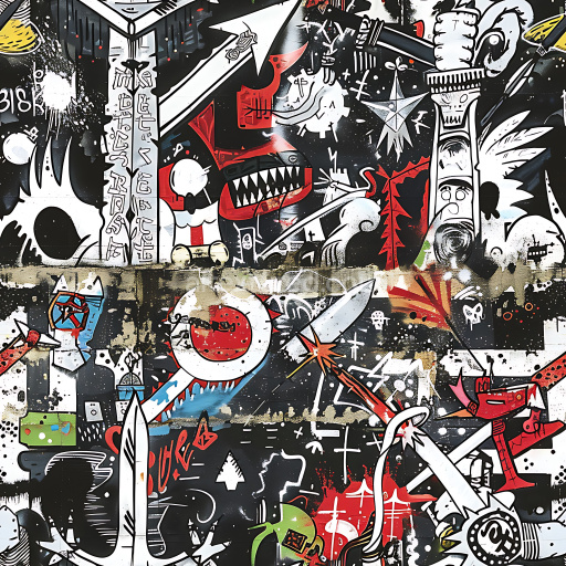 Seamless 3D PBR Graffiti Texture Featuring Bold Red, Black & White Urban Mural Art