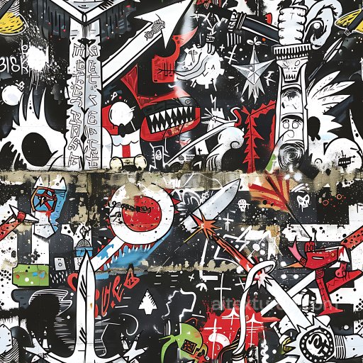 Seamless 3D PBR Graffiti Texture Featuring Bold Red, Black & White Urban Mural Art texture preview
