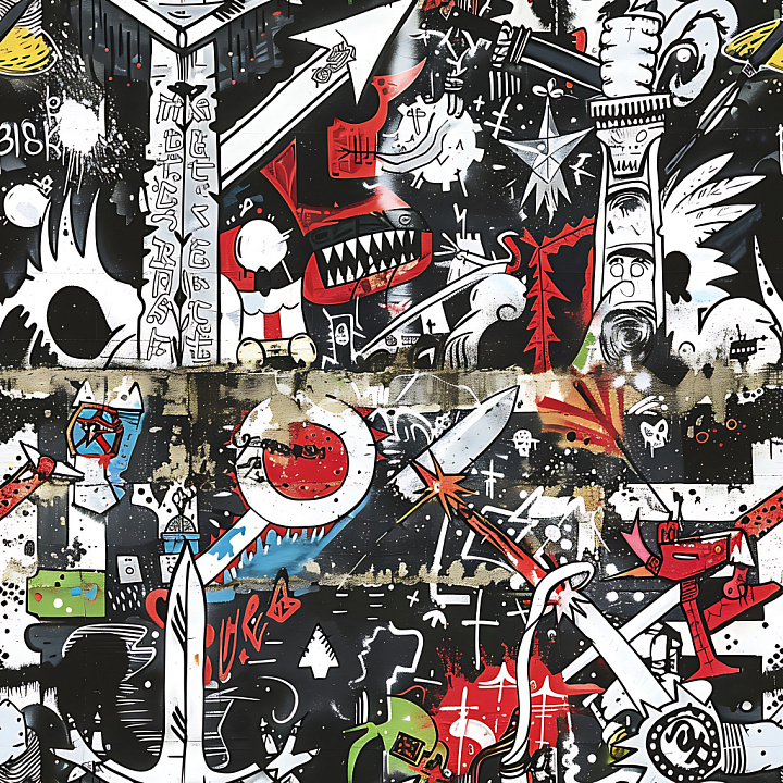Graffiti Featuring Bold Red, Black & White Urban Mural Art seamless PBR texture preview
