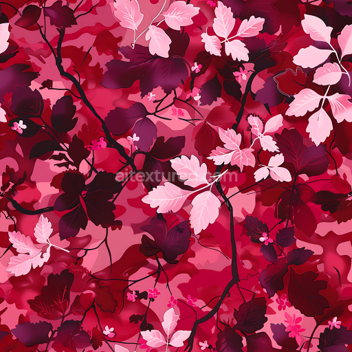 Seamless 3D stylized red floral camouflage PBR texture with layered leaves and branches