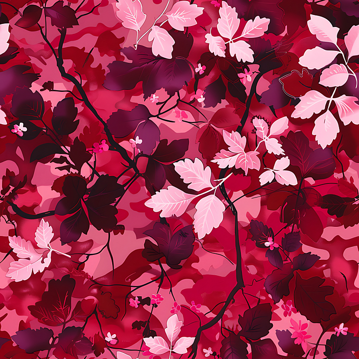 Stylized Red Floral Camouflage With Layered Leaves And Branches seamless PBR texture preview