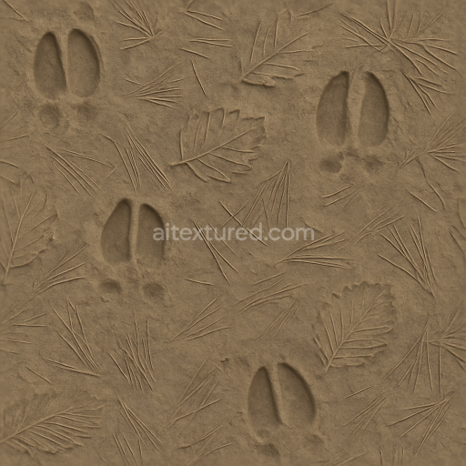 Seamless 3d texture pbr 8k of deer tracks on leafy forest floor with pine needles