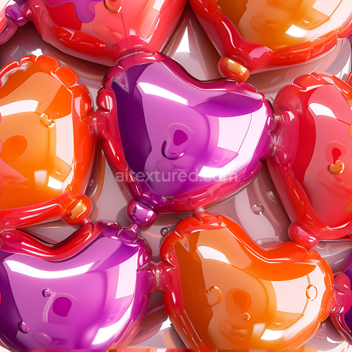 Seamless 3D Inflated PBR Texture with Glossy Heart-Shaped Vinyl Panels in Vibrant Orange and Purple