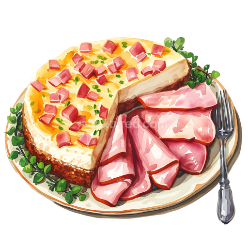 Breakfast Plate with Ham and Baked Ricotta Cheesecake Illustration