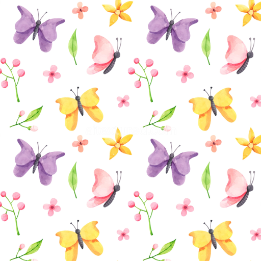 Seamless 3D PBR Texture of Colorful Watercolor Butterflies and Floral Motifs on White Background
