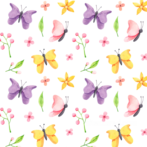 Colorful Watercolor Butterflies and Floral Motifs on White Background Seamless Texture seamless Watercolor Butterflies PBR texture