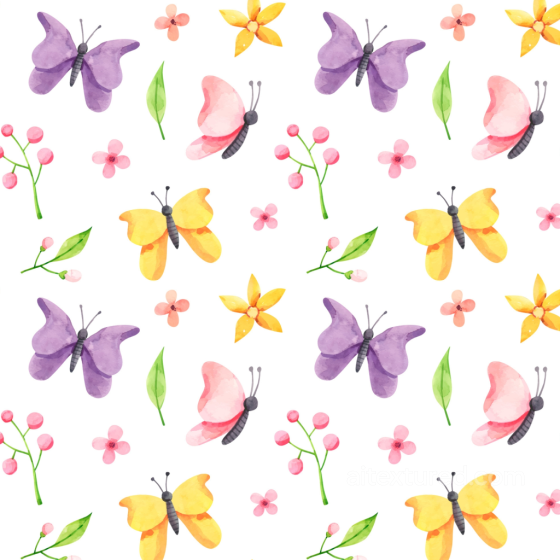 Colorful Watercolor Butterflies and Floral Motifs on White Background Seamless Texture Watercolor Butterflies texture preview