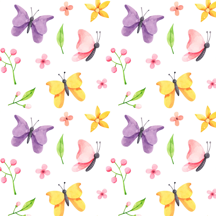 Colorful Watercolor Butterflies and Floral Motifs on White Background seamless PBR texture preview