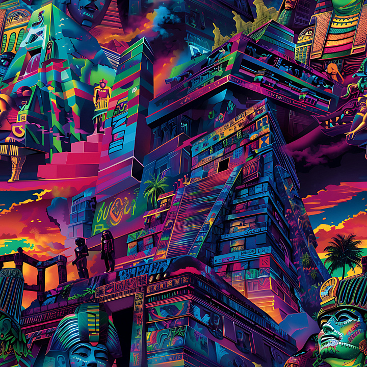 Featuring Vibrant Aztec-Inspired Graffiti Mural seamless PBR texture preview