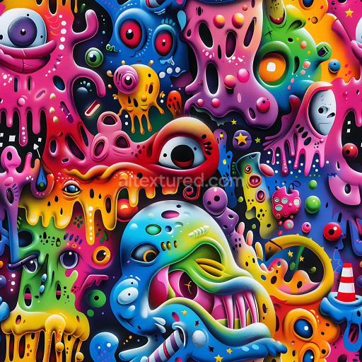 Seamless 3D PBR texture featuring vibrant cartoonish graffiti monsters and drips