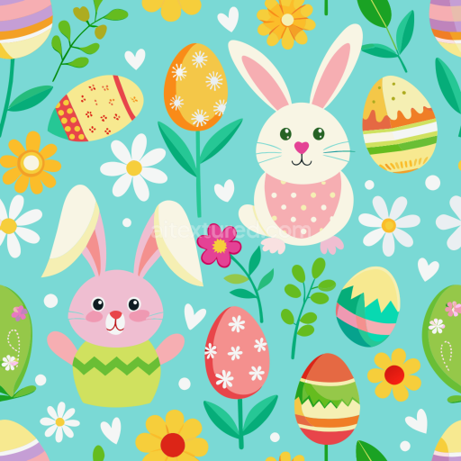 Seamless 3D PBR Texture of Colorful Easter Bunnies, Eggs & Flowers Pattern