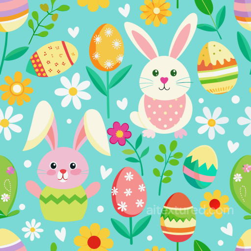 All Easter Digital paper Texture of Colorful Easter Bunnies, Eggs & Flowers Pattern seamless All Easter Digital paper PBR texture