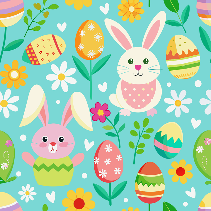 All Easter Digital paper of Colorful Easter Bunnies, Eggs & Flowers Pat… seamless PBR texture preview