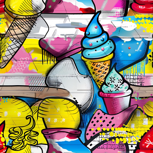 Seamless 3D PBR Graffiti Texture Featuring Vibrant Ice Cream Murals and Street Art