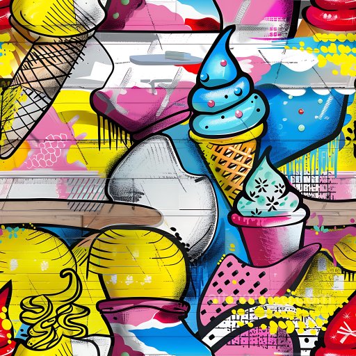 Seamless 3D PBR Graffiti Texture Featuring Vibrant Ice Cream Murals and Street Art texture preview
