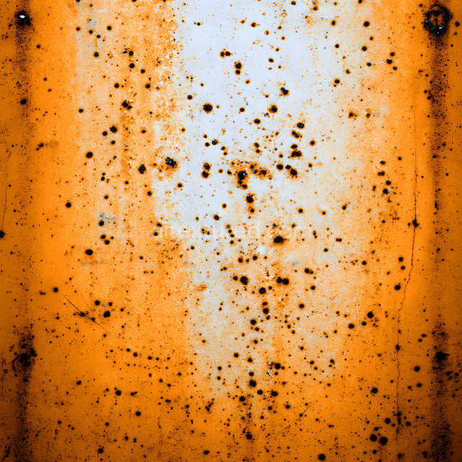 Seamless 3D PBR rusty metal texture with scattered pitted holes and orange corrosion