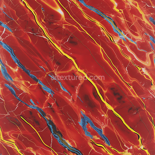 Preview — Seamless Glossy Red Marble PBR Texture with Yellow and Blue Swirling Veins