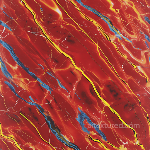 Seamless Glossy Red Marble PBR Texture with Yellow and Blue Swirling Veins seamless Marble PBR texture