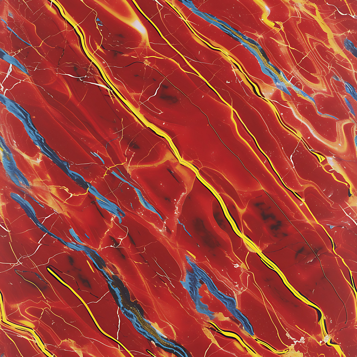 Glossy Red Marble with Yellow and Blue Swirling Veins seamless PBR texture preview