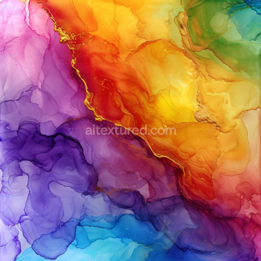 Seamless 3D Alcohol Ink PBR Texture with Vibrant Rainbow Fluid Waves and Gold Veins