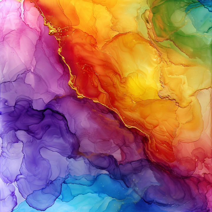 Alcohol Ink with Vibrant Rainbow Fluid Waves and Gold Veins seamless PBR texture preview