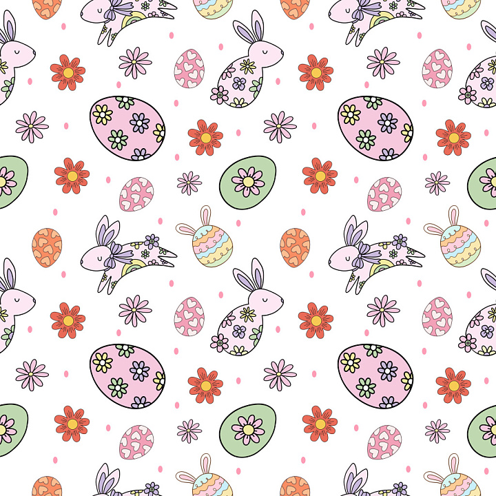 Pattern Featuring Pastel Easter Bunnies, Flowers, and Decorated Eggs seamless PBR texture preview