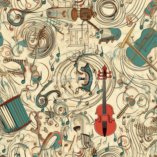Seamless 3D PBR Musical Vintage Scrapbook Fabric Texture with Illustrated Instruments