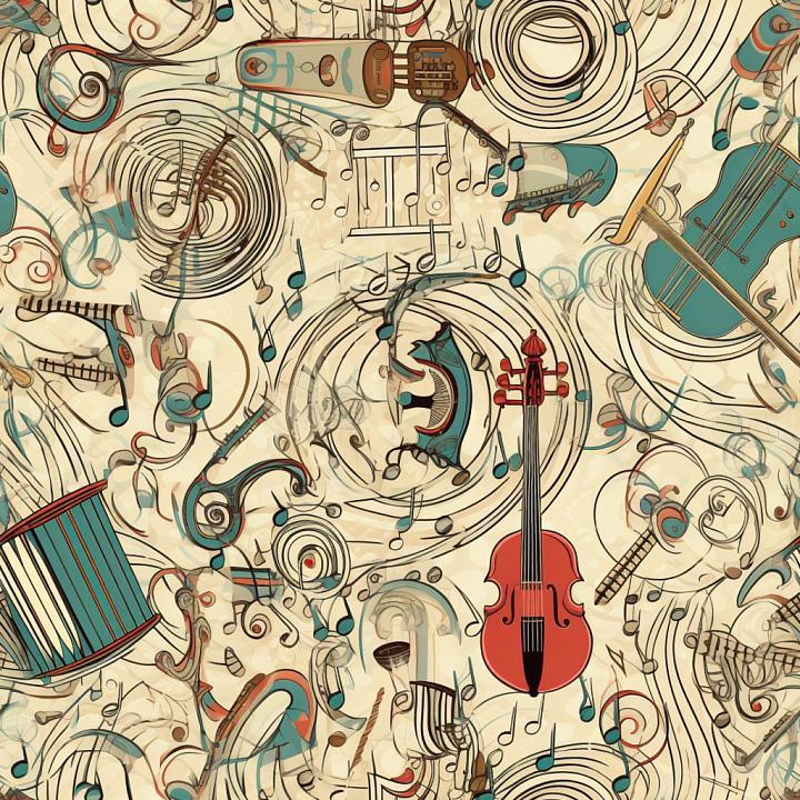 Musical Vintage Scrapbook Fabric with Illustrated Instruments seamless PBR texture preview