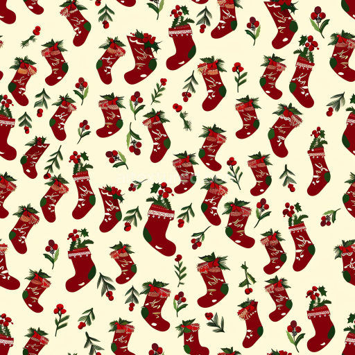 Seamless 3D PBR Texture of Vintage Red Christmas Stockings with Greenery Patterns
