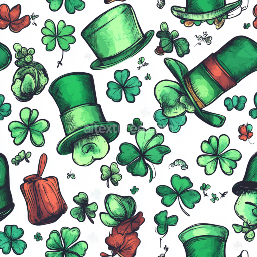 Seamless 3D PBR Texture of Hand-Drawn St Patrick Digital Paper with Shamrocks and Green Hats