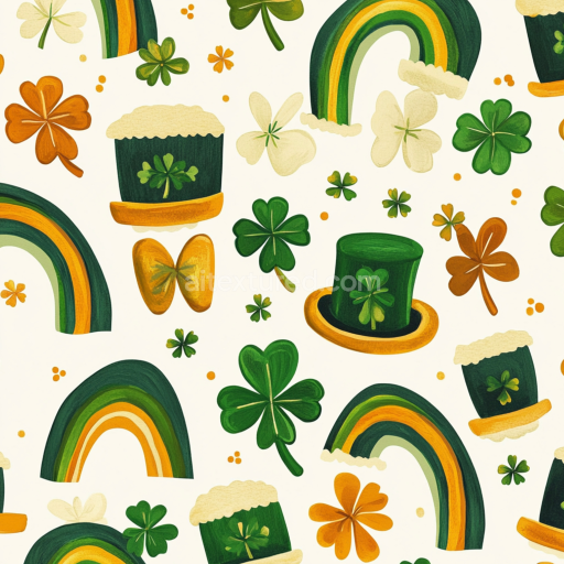 Seamless 3D PBR Texture Featuring St Patrick's Shamrocks, Rainbows, and Leprechaun Hats