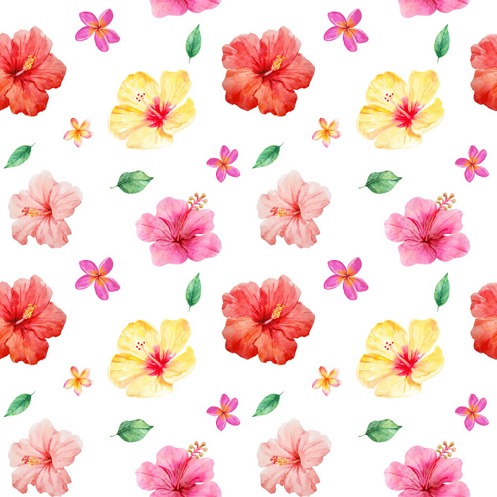 Pattern Featuring Watercolor Hibiscus Flowers and Leaves seamless PBR texture preview