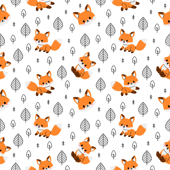 Pattern Featuring Cute Cartoon Foxes and Simple Leaf Motifs seamless PBR texture preview