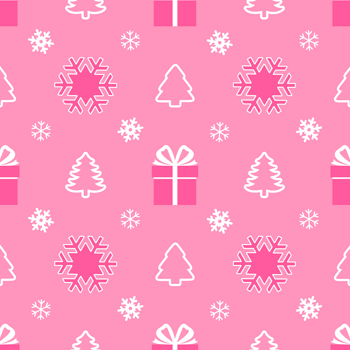 Pink Christmas Digital Paper with Snowflakes, Trees, and Gift Boxes seamless PBR texture preview