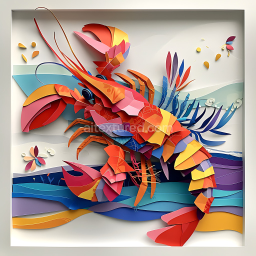Seamless 3D PBR Texture of Vibrant Origami-Style Crayfish with Layered Color Blocks