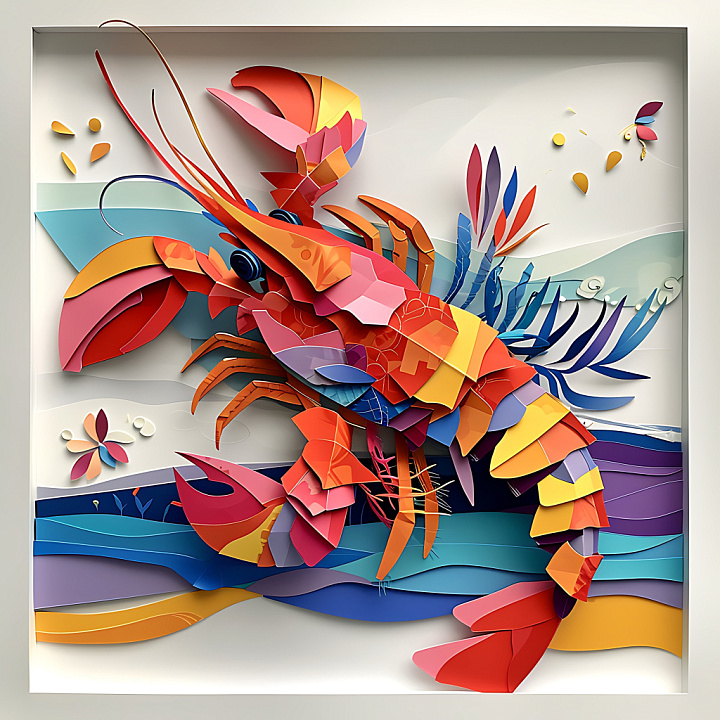 Animal of Vibrant Origami-Style Crayfish with Layered Color Blocks seamless PBR texture preview