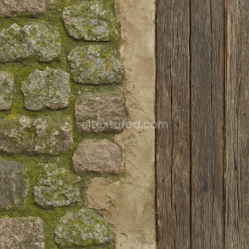 Seamless 8k 3d texture pbr stone wall fence with moss covered and lichen growth on plastered wall surface