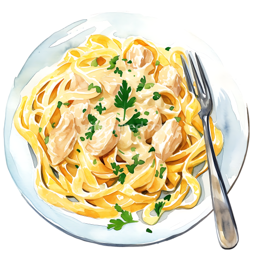 Watercolor Chicken Alfredo Pasta Breakfast Plate with Creamy Sauce