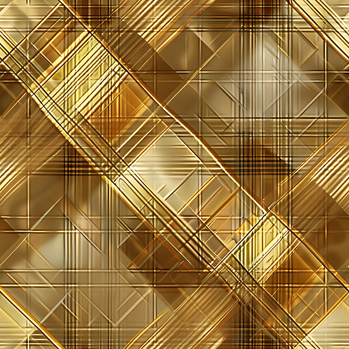 Golden Plaid with Diagonal Overlays and Subtle Reflective Surfaces seamless PBR texture preview