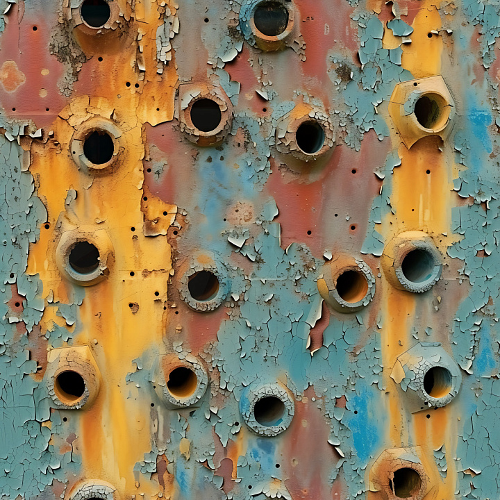 Rusty Metal with Peeling Multicolor Paint and Craters seamless PBR texture preview