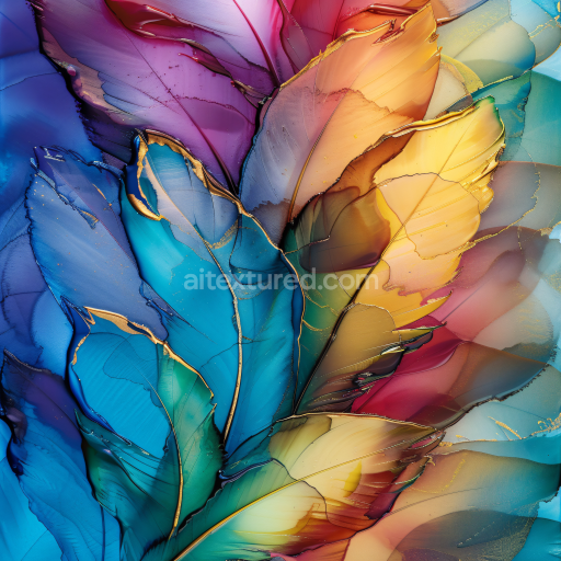 Seamless 3D Alcohol Ink PBR Texture Featuring Vibrant Feathered Leaves and Multi-Color Flow