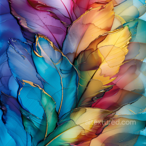Alcohol Ink PBR Texture Featuring Vibrant Feathered Leaves and Multi-Color Flow seamless Alcohol ink PBR texture