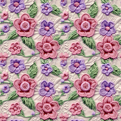 Seamless 3D PBR Texture of Pink and Purple Embroidered Floral Fabric