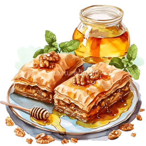 Delicious Baklava with Honey and Nuts Breakfast Illustration