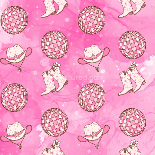 Seamless 3D PBR Pink Watercolor Fabric Texture with Disco Balls and Western Boots Pattern