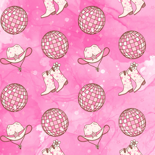 Pink Watercolor Fabric Texture with Disco Balls and Western Boots Pattern seamless Baby girl  PBR texture