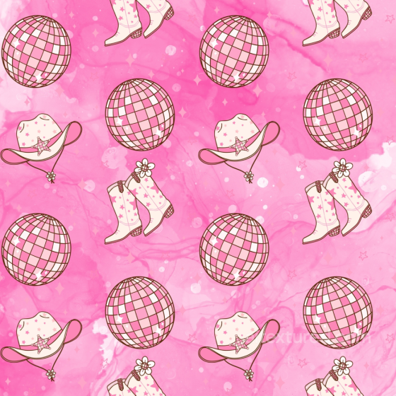 Pink Watercolor Fabric Texture with Disco Balls and Western Boots Pattern Baby girl texture preview