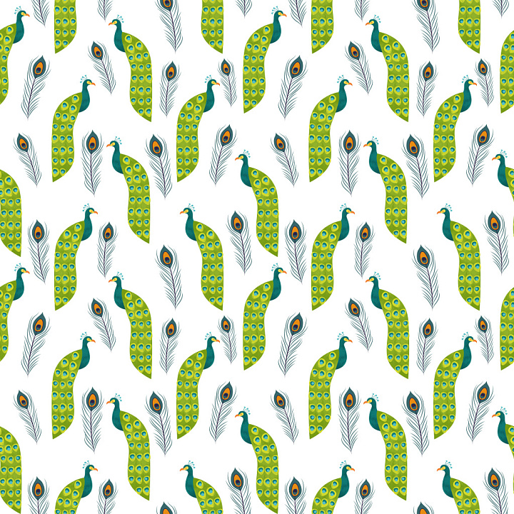 Pattern Featuring Stylized Peacock Birds and Feathers seamless PBR texture preview
