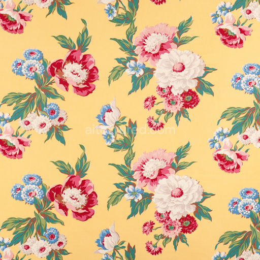 Seamless 3D PBR Vintage Floral Fabric Texture with Warm Yellow Background and Colorful Bouquet Pattern